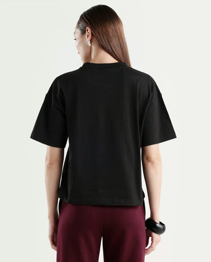 Rareism Women's Zovi Black Cotton Half Sleeve Boxy Object Print T-Shirt