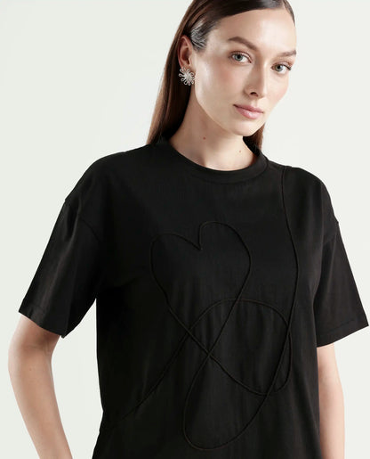 Rareism Women's Zovi Black Cotton Half Sleeve Boxy Object Print T-Shirt