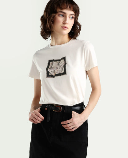 Rareism Women's Zoll Off White Cotton Blend Half Sleeve Regular Fit Printed T-Shirt