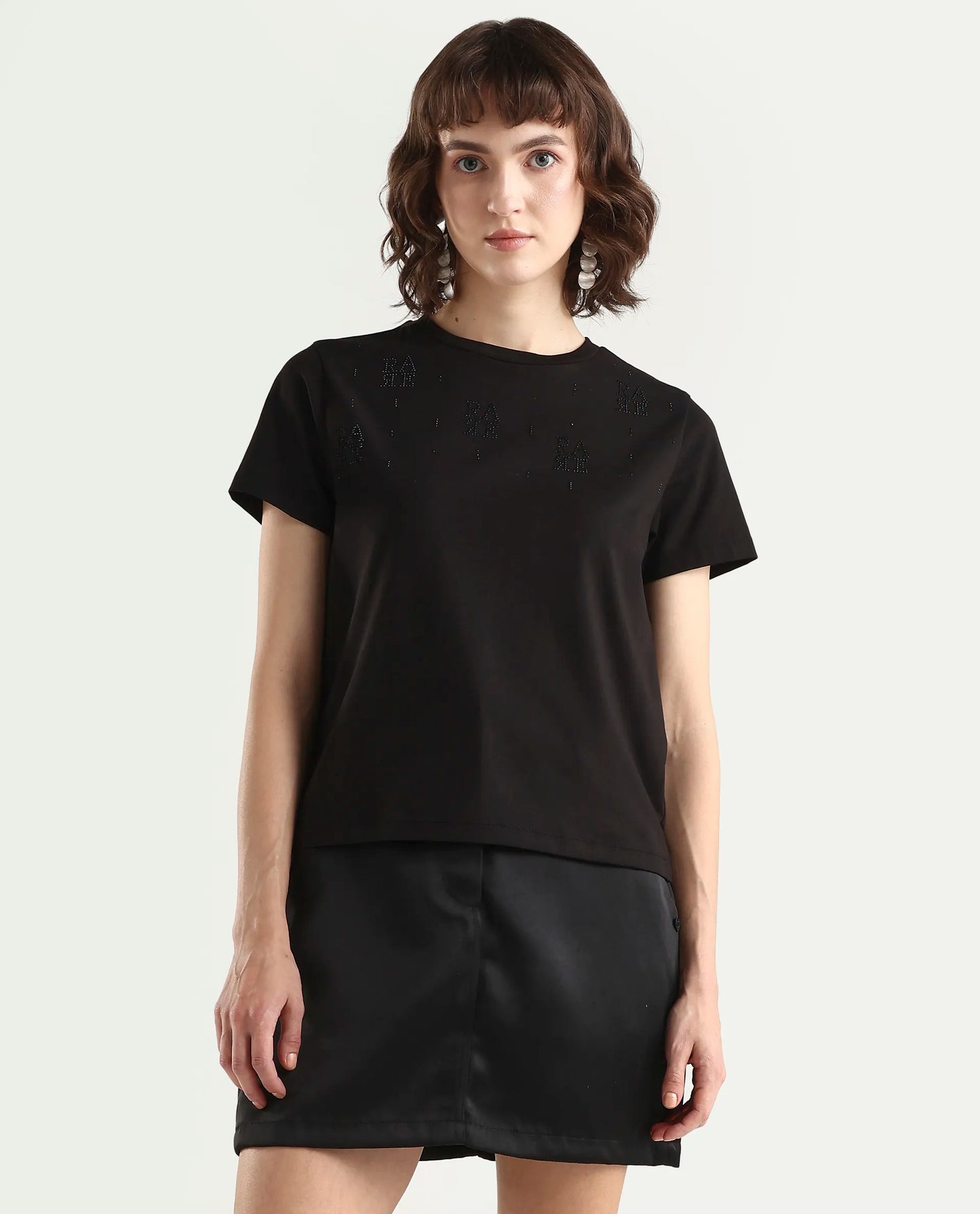 Rareism Women's Zoxi Black Cotton Blend Half Sleeve Regular Fit Typography Print T-Shirt