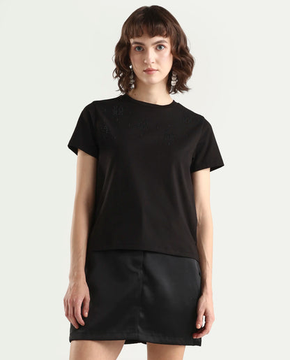 Rareism Women's Zoxi Black Cotton Blend Half Sleeve Regular Fit Typography Print T-Shirt