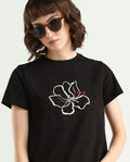 Rareism Women's Zrad Black Cotton Half Sleeve Regular Fit Floral Print T-Shirt