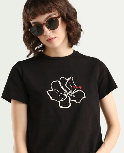 Rareism Women's Zrad Black Cotton Half Sleeve Regular Fit Floral Print T-Shirt
