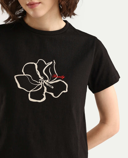 Rareism Women's Zrad Black Cotton Half Sleeve Regular Fit Floral Print T-Shirt