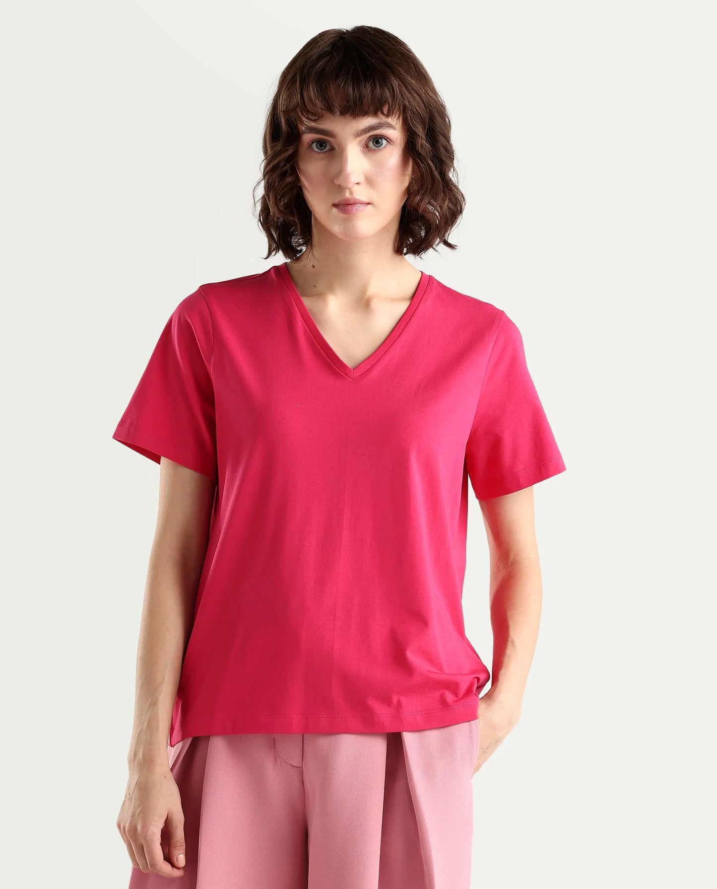 Rareism Women's Zin Dark Pink Cotton Blend Half Sleeve Relaxed Fit Plain T-Shirt