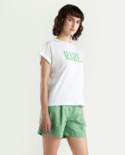 Rareism Women's Bhars White Cotton Half Sleeve Regular Fit Printed T-Shirt