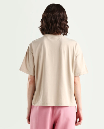 Rareism Women's Zone Beige Cotton Blend Half Sleeve Boxy Floral Print T-Shirt