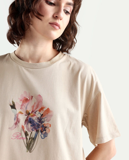 Rareism Women's Zone Beige Cotton Blend Half Sleeve Boxy Floral Print T-Shirt
