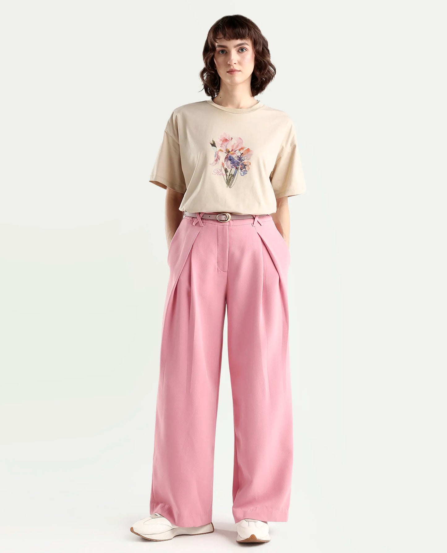 Rareism Women's Zone Beige Cotton Blend Half Sleeve Boxy Floral Print T-Shirt