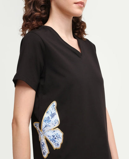 Rareism Women's Zyler Black Cotton Blend Half Sleeve Relaxed Fit Embroidery T-Shirt