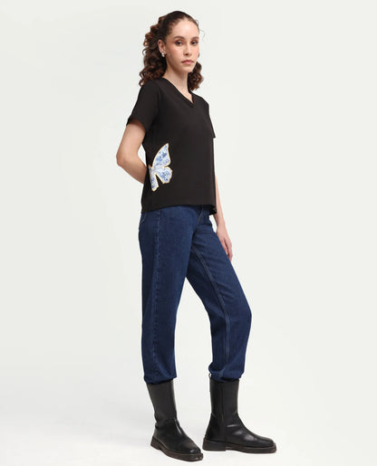 Rareism Women's Zyler Black Cotton Blend Half Sleeve Relaxed Fit Embroidery T-Shirt