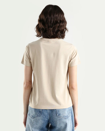 Rareism Women's Zak Beige Cotton Blend Half Sleeve Regular Fit Badge Print T-Shirt