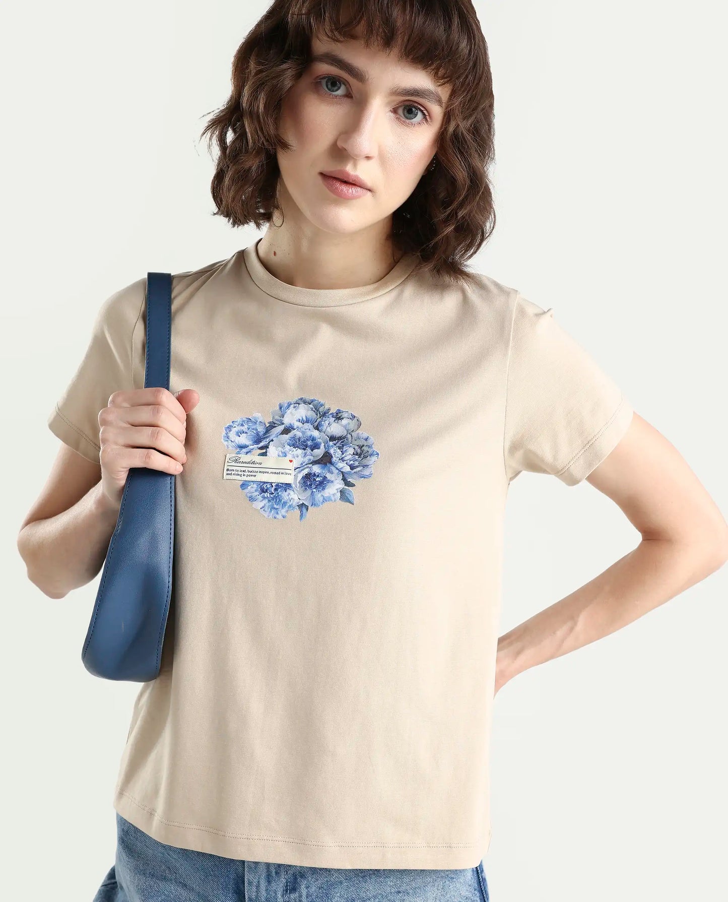 Rareism Women's Zak Beige Cotton Blend Half Sleeve Regular Fit Badge Print T-Shirt