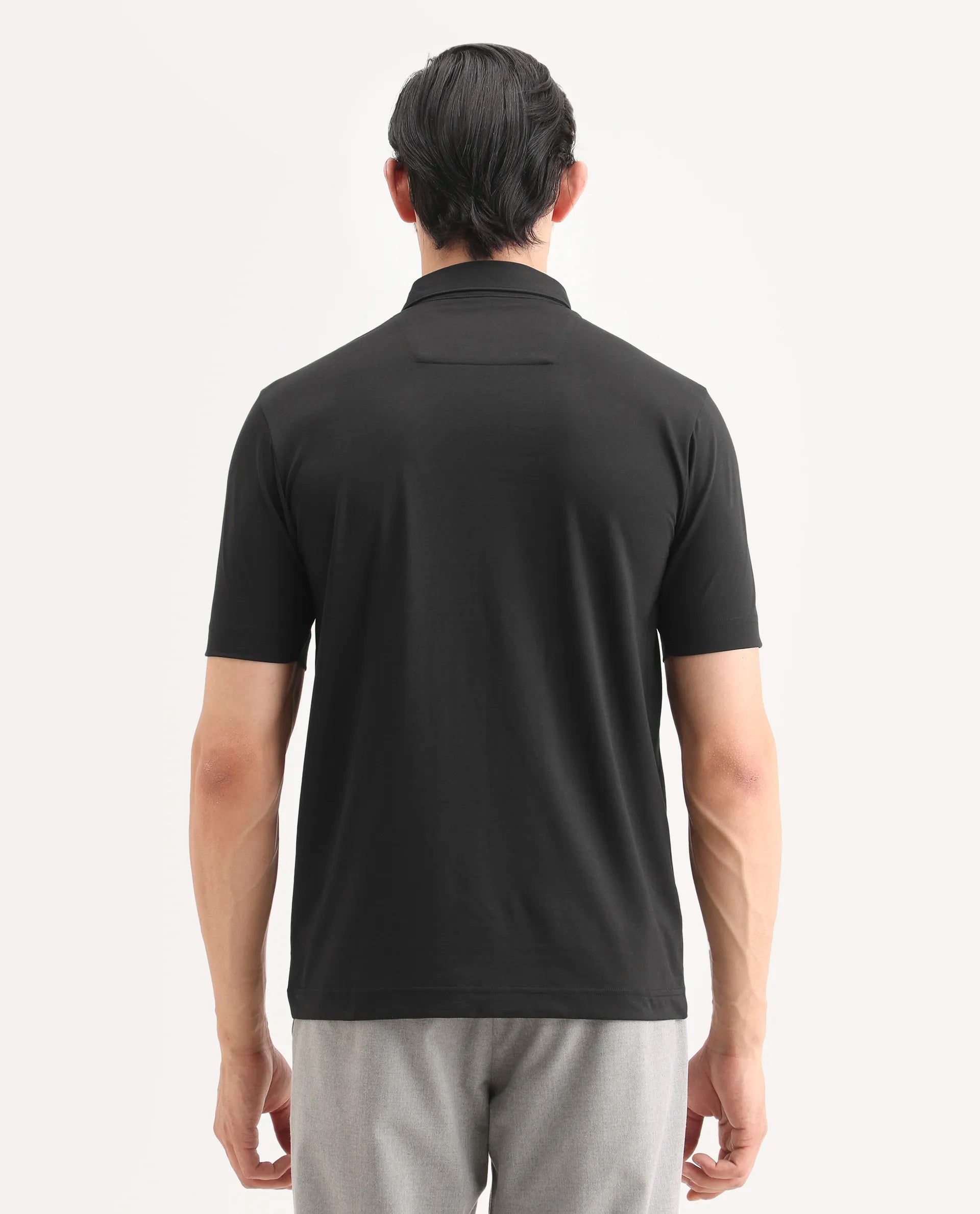 Rare Rabbit Men's Badger-S26 Black Cotton Blend Fabric Half Sleeve Spread Collar Regular Fit Plain Polo | Rare Rabbit at Broadway
