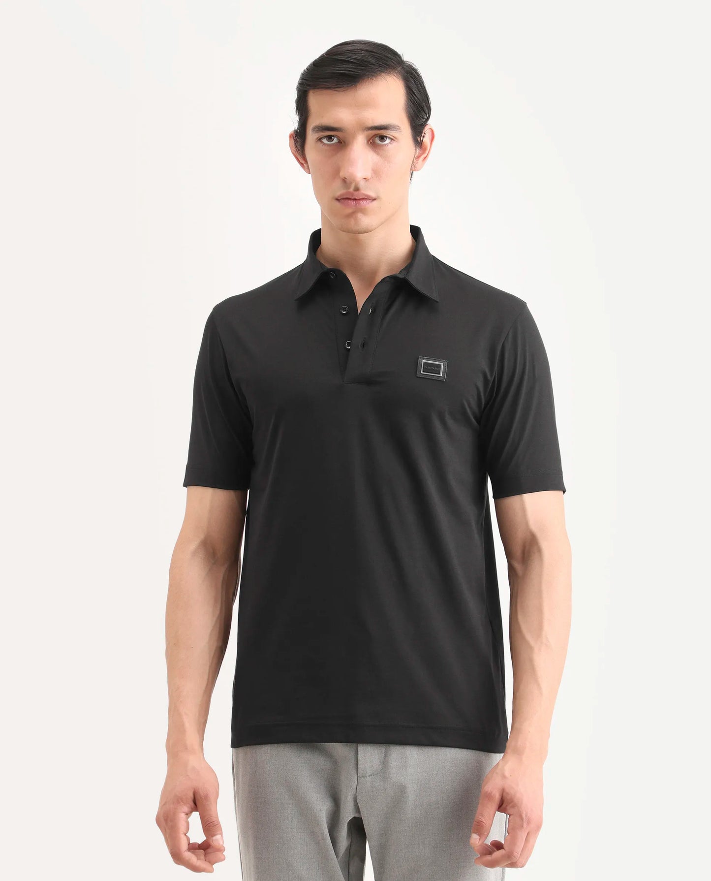 Rare Rabbit Men's Badger-S26 Black Cotton Blend Fabric Half Sleeve Spread Collar Regular Fit Plain Polo | Rare Rabbit at Broadway
