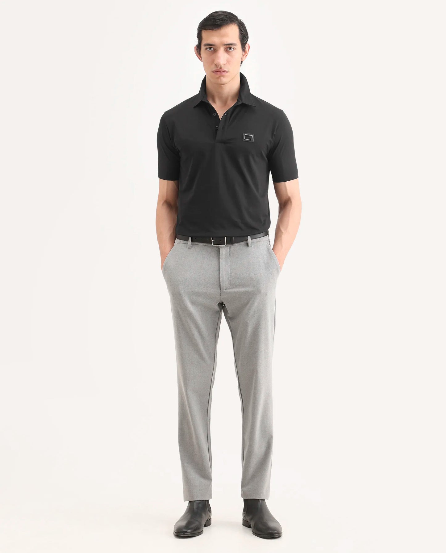 Rare Rabbit Men's Badger-S26 Black Cotton Blend Fabric Half Sleeve Spread Collar Regular Fit Plain Polo | Rare Rabbit at Broadway