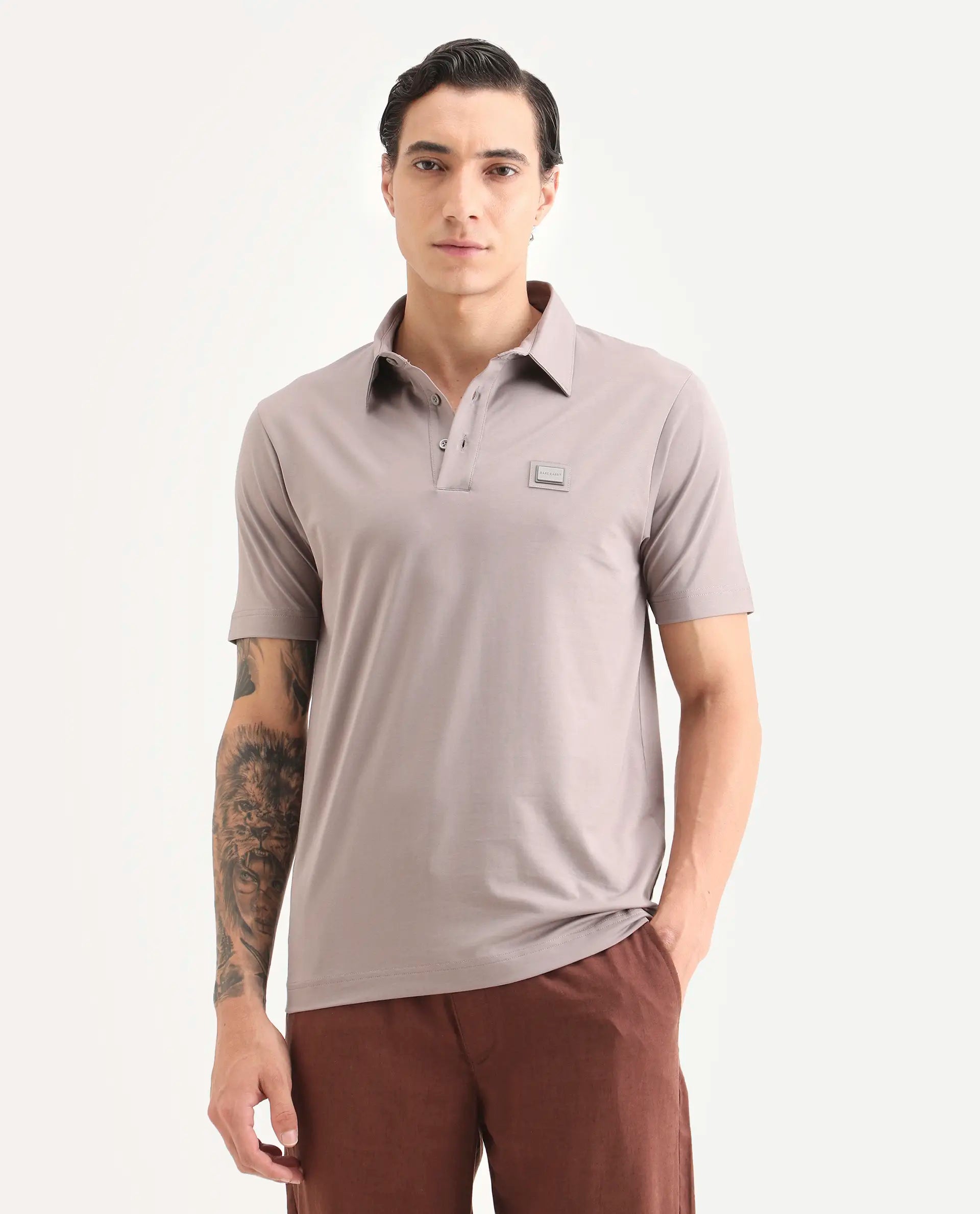 Rare Rabbit Men's Badger-S26 Dusky Purple Cotton Blend Fabric Half Sleeve Spread Collar Regular Fit Plain Polo | Rare Rabbit at Broadway