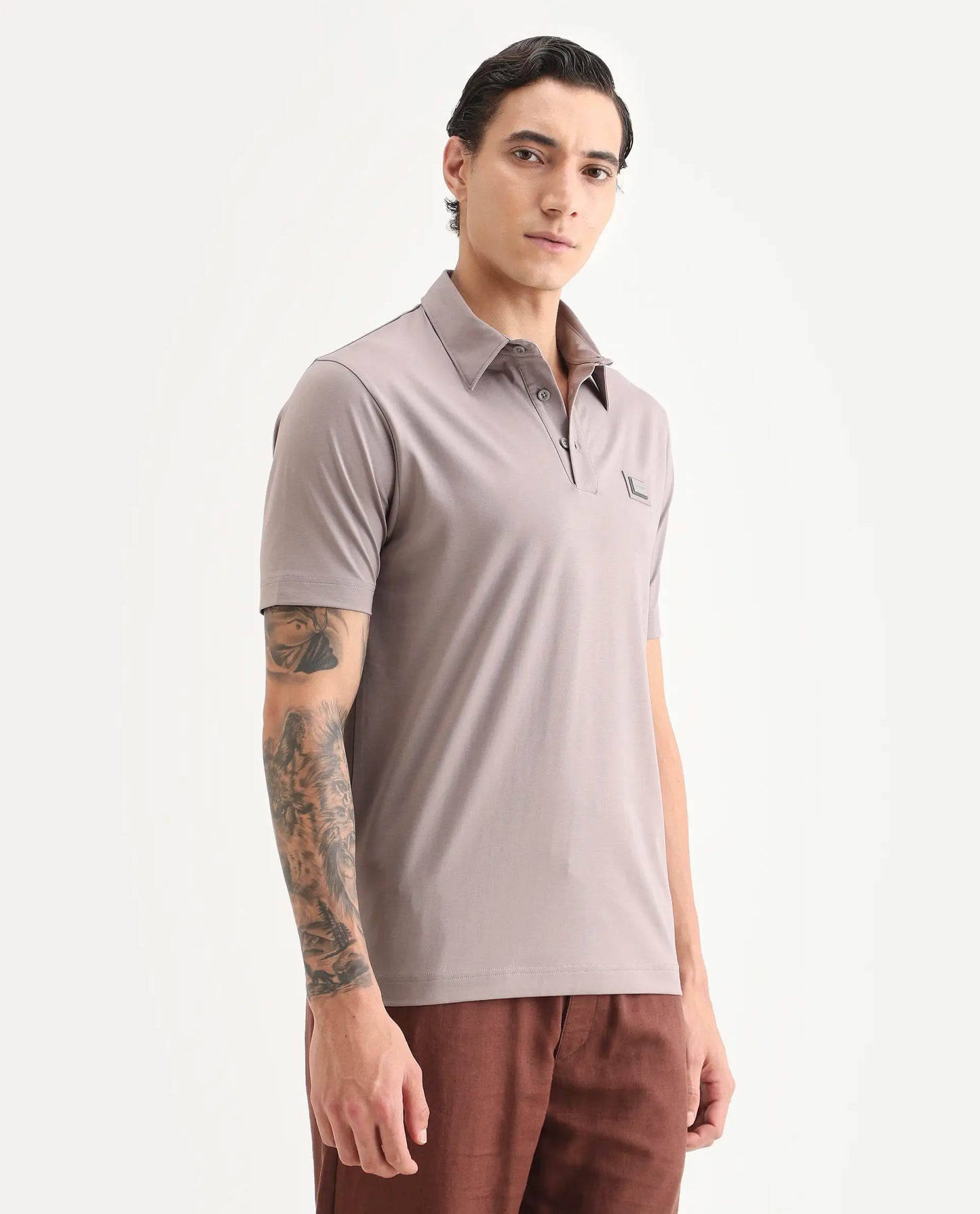 Rare Rabbit Men's Badger-S26 Dusky Purple Cotton Blend Fabric Half Sleeve Spread Collar Regular Fit Plain Polo | Rare Rabbit at Broadway
