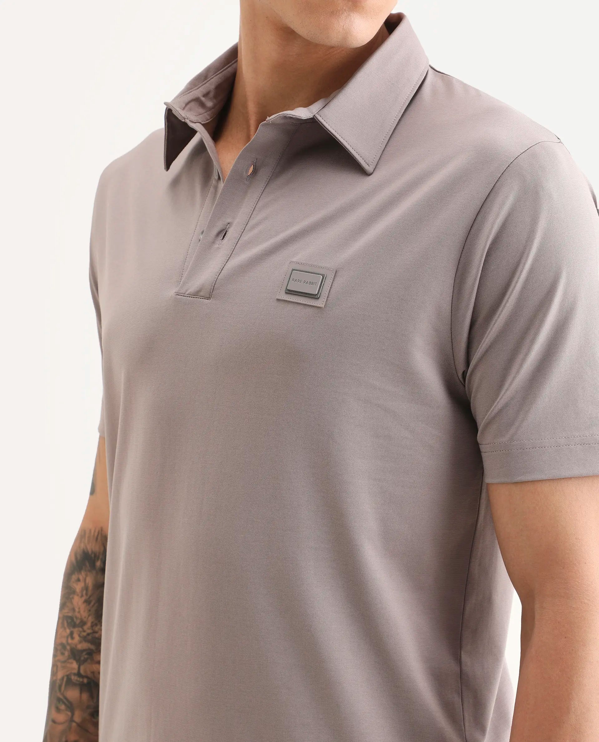 Rare Rabbit Men's Badger-S26 Dusky Purple Cotton Blend Fabric Half Sleeve Spread Collar Regular Fit Plain Polo | Rare Rabbit at Broadway