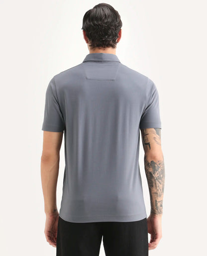 Rare Rabbit Men's Badger-S26 Dusky Blue Cotton Blend Fabric Half Sleeve Spread Collar Regular Fit Plain Polo | Rare Rabbit at Broadway