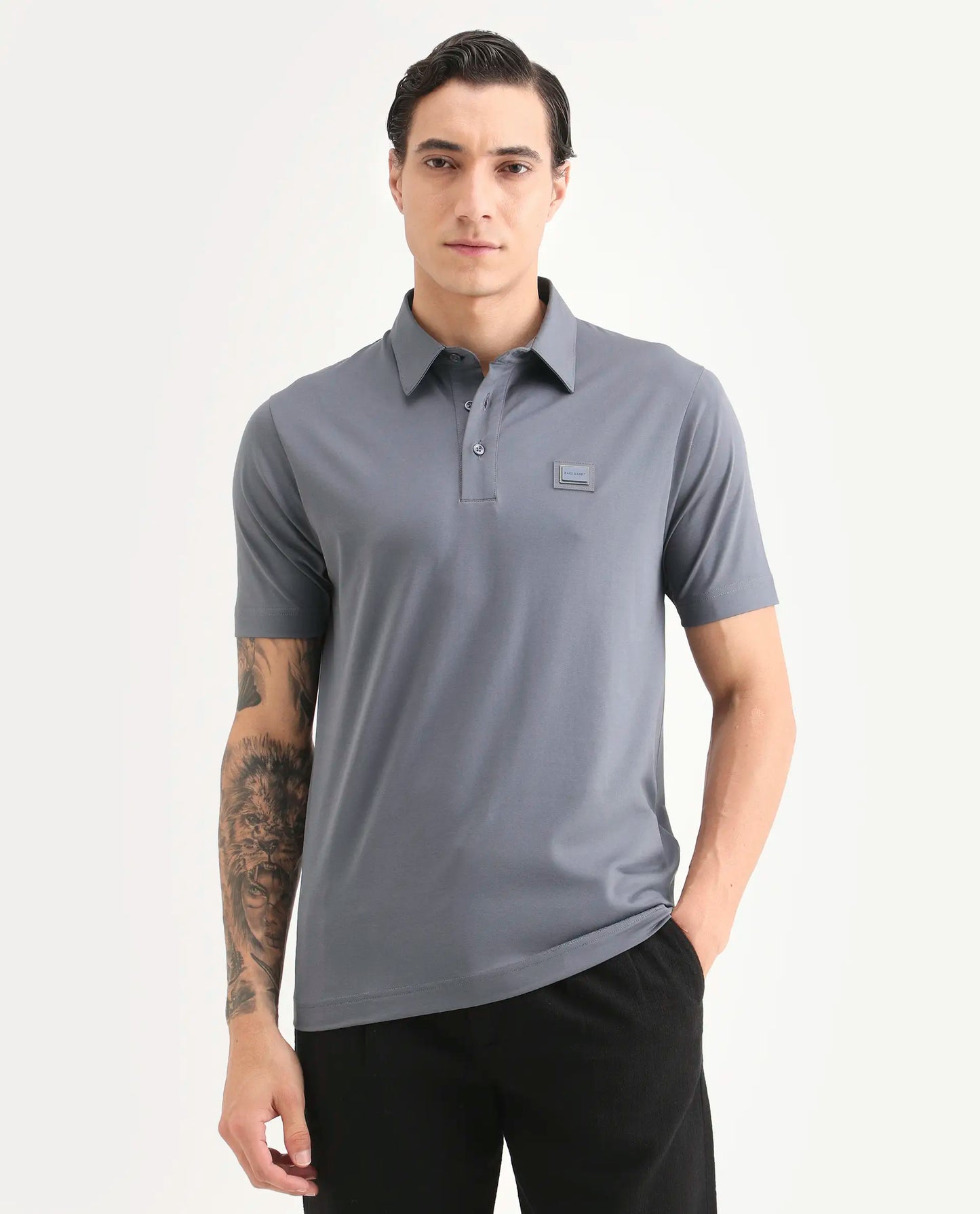 Rare Rabbit Men's Badger-S26 Dusky Blue Cotton Blend Fabric Half Sleeve Spread Collar Regular Fit Plain Polo | Rare Rabbit at Broadway