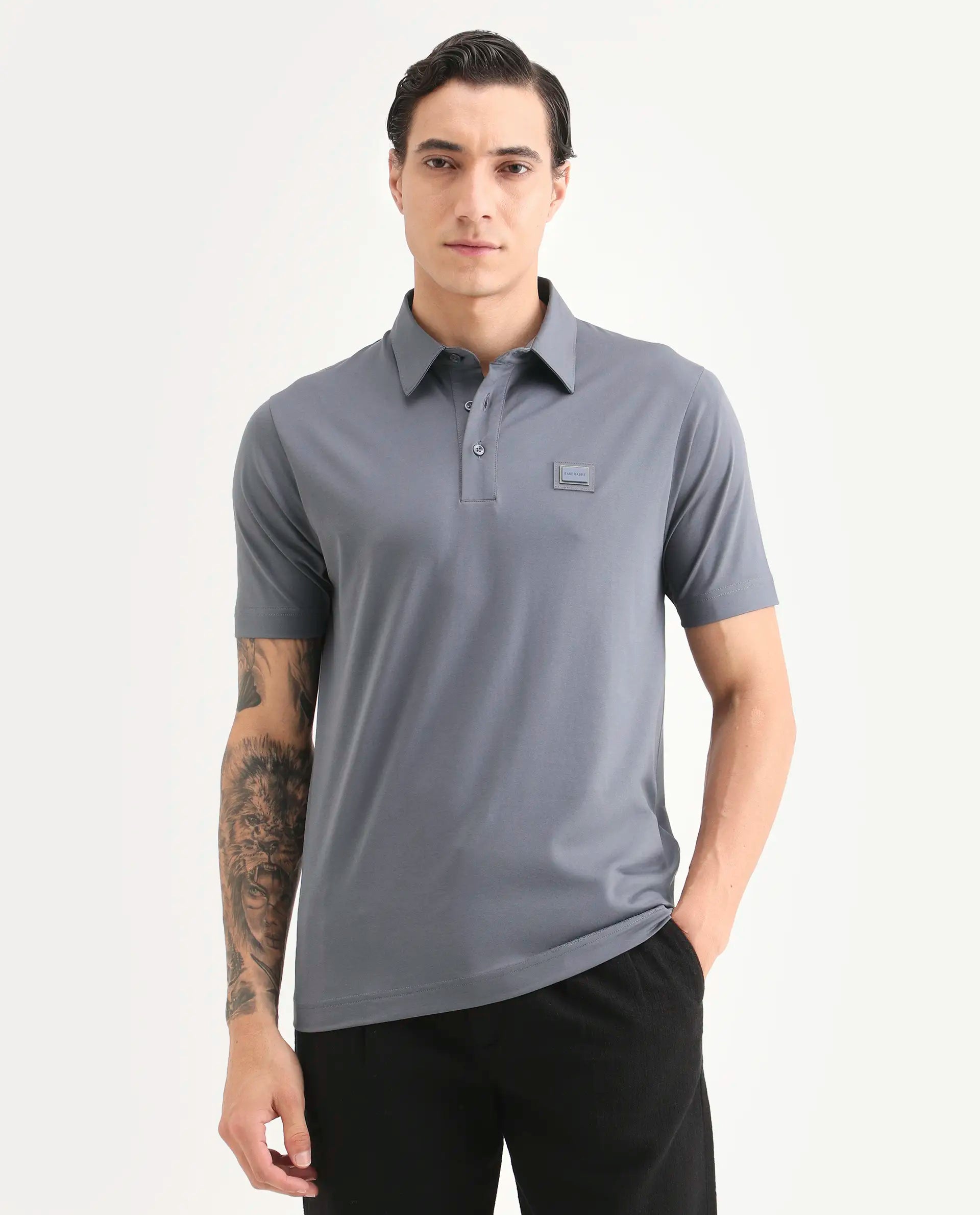 Rare Rabbit Men's Badger-S26 Dusky Blue Cotton Blend Fabric Half Sleeve Spread Collar Regular Fit Plain Polo | Rare Rabbit at Broadway