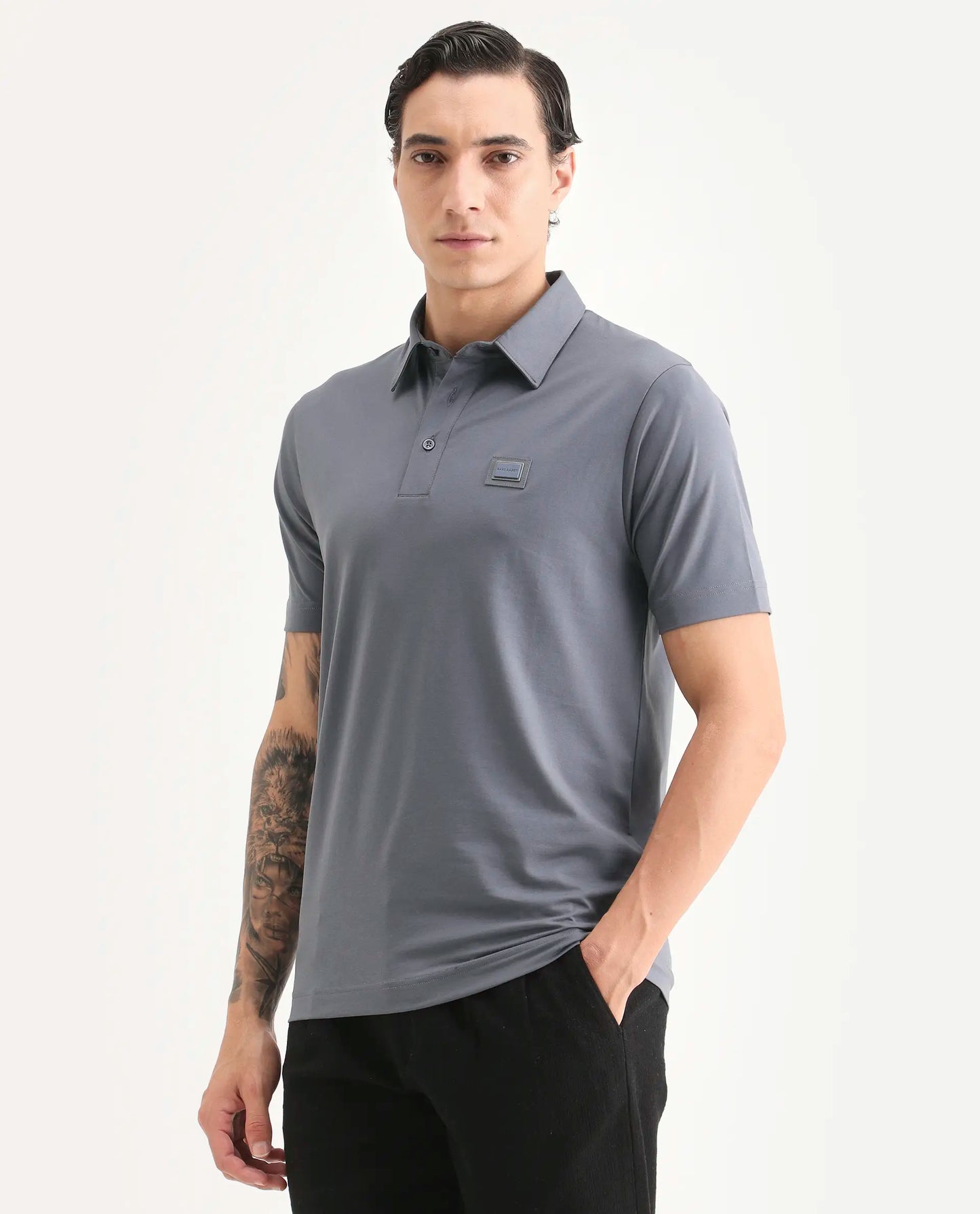 Rare Rabbit Men's Badger-S26 Dusky Blue Cotton Blend Fabric Half Sleeve Spread Collar Regular Fit Plain Polo | Rare Rabbit at Broadway
