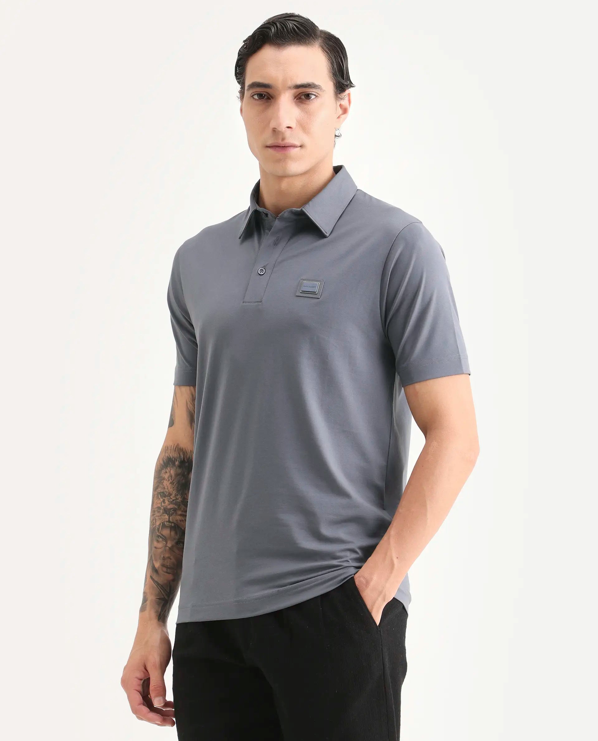 Rare Rabbit Men's Badger-S26 Dusky Blue Cotton Blend Fabric Half Sleeve Spread Collar Regular Fit Plain Polo | Rare Rabbit at Broadway