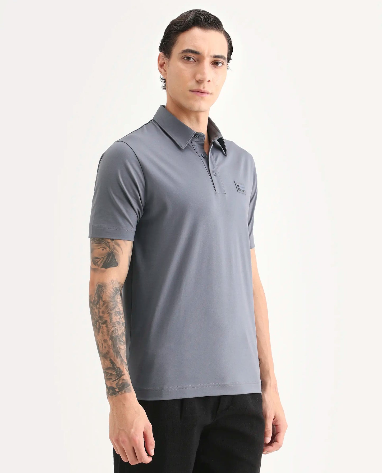 Rare Rabbit Men's Badger-S26 Dusky Blue Cotton Blend Fabric Half Sleeve Spread Collar Regular Fit Plain Polo | Rare Rabbit at Broadway