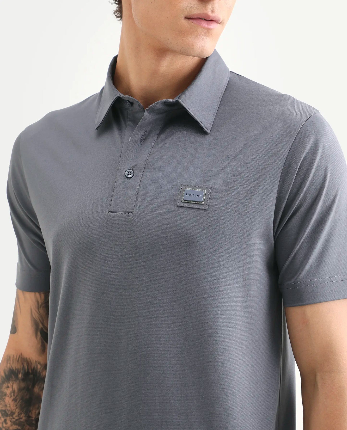 Rare Rabbit Men's Badger-S26 Dusky Blue Cotton Blend Fabric Half Sleeve Spread Collar Regular Fit Plain Polo | Rare Rabbit at Broadway