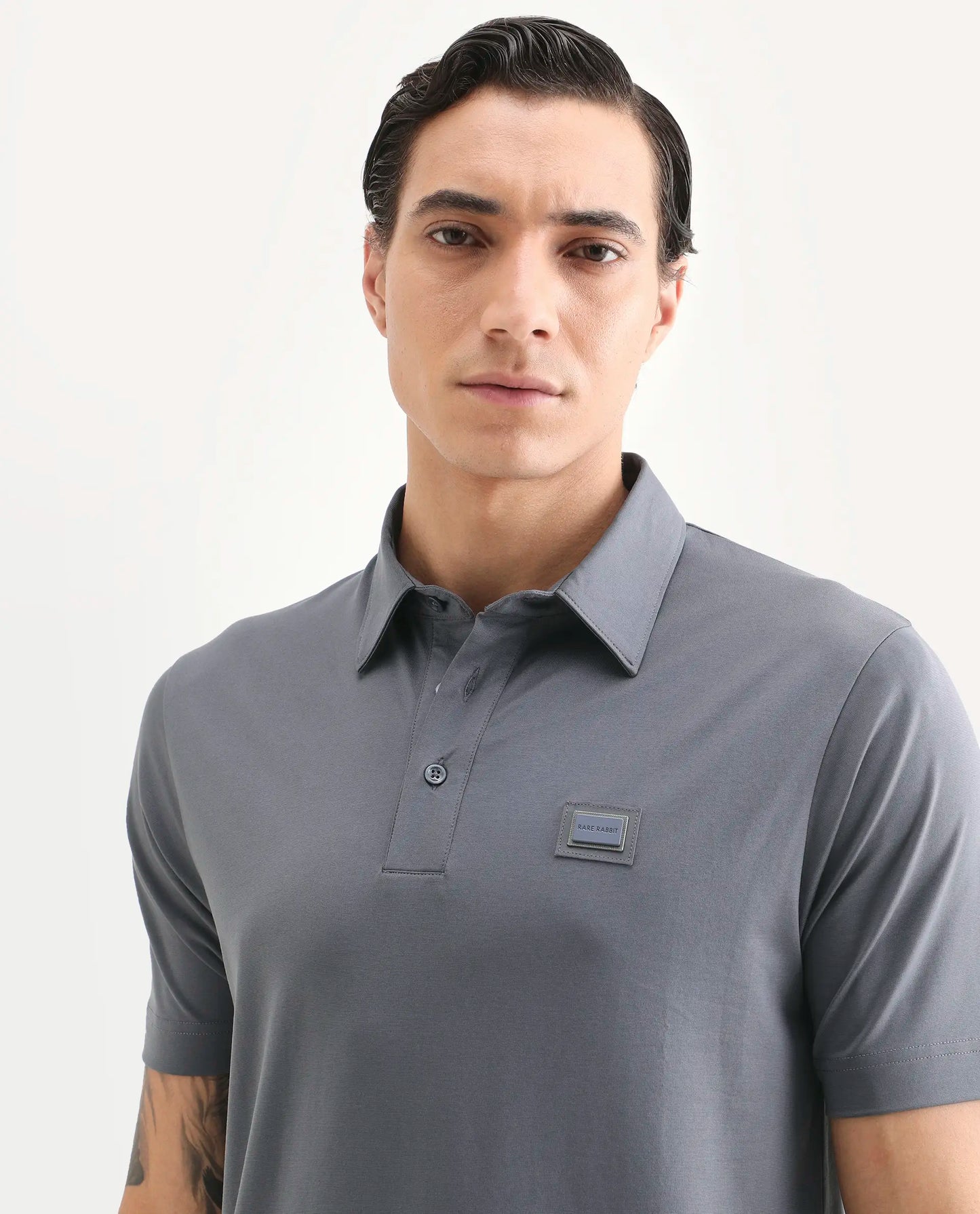 Rare Rabbit Men's Badger-S26 Dusky Blue Cotton Blend Fabric Half Sleeve Spread Collar Regular Fit Plain Polo | Rare Rabbit at Broadway