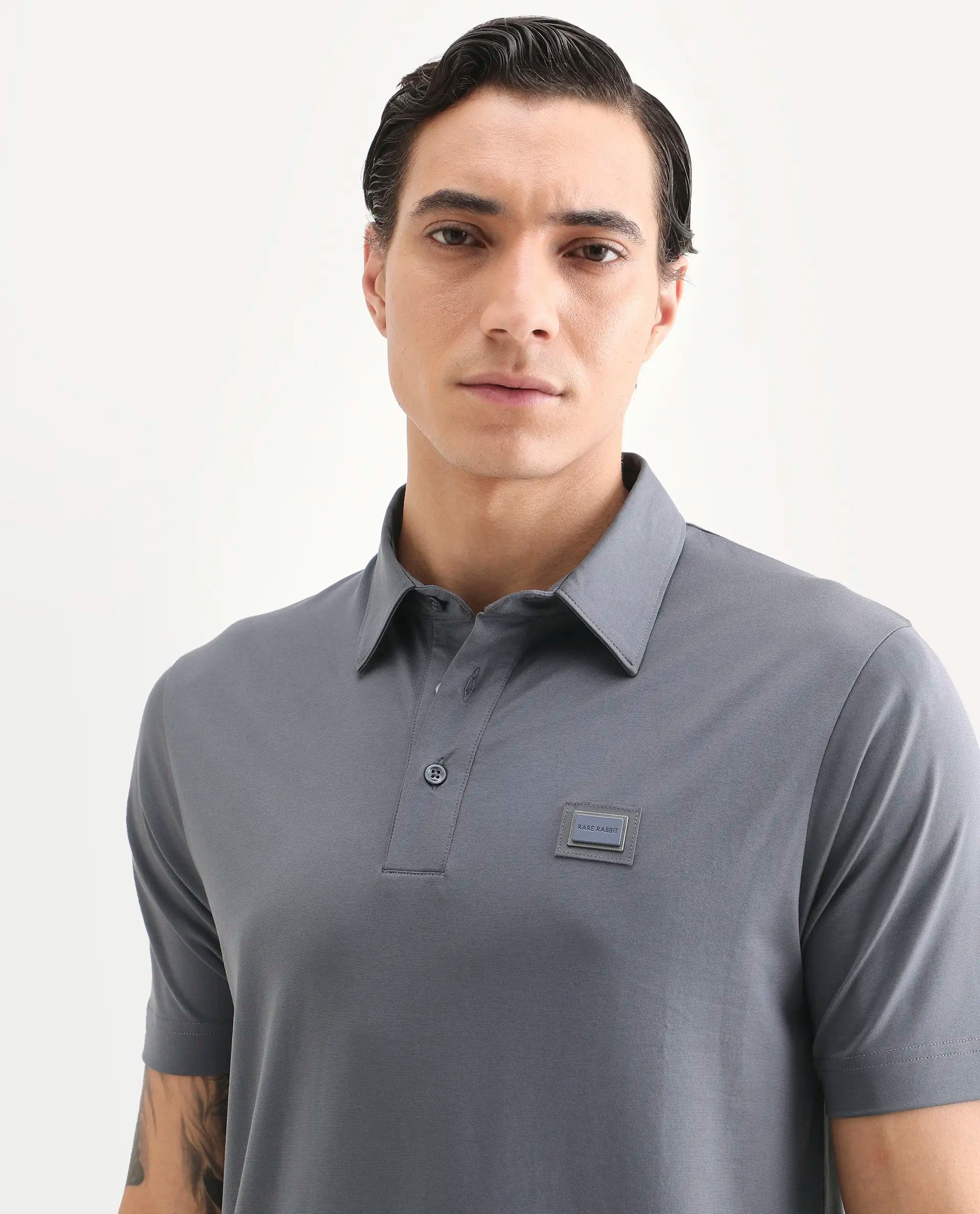Rare Rabbit Men's Badger-S26 Dusky Blue Cotton Blend Fabric Half Sleeve Spread Collar Regular Fit Plain Polo | Rare Rabbit at Broadway