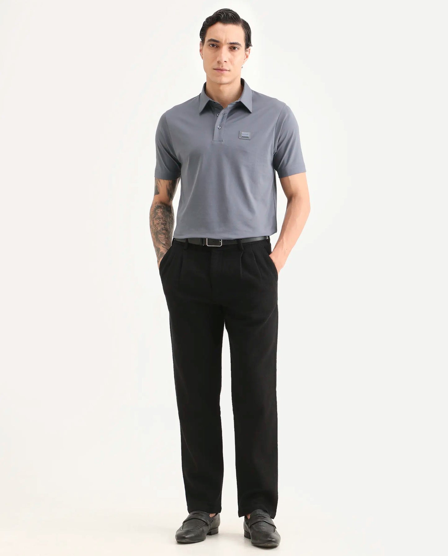Rare Rabbit Men's Badger-S26 Dusky Blue Cotton Blend Fabric Half Sleeve Spread Collar Regular Fit Plain Polo | Rare Rabbit at Broadway