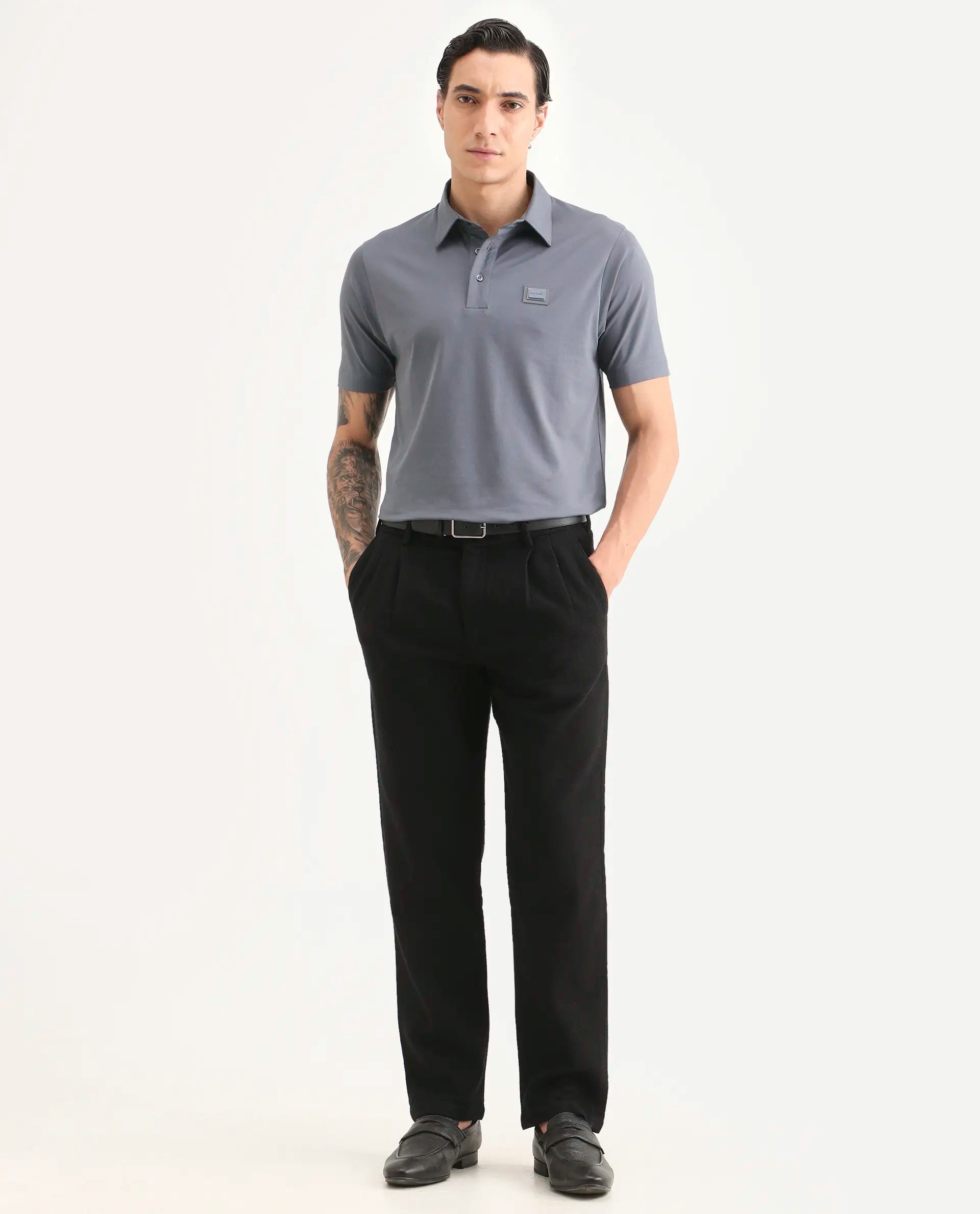 Rare Rabbit Men's Badger-S26 Dusky Blue Cotton Blend Fabric Half Sleeve Spread Collar Regular Fit Plain Polo | Rare Rabbit at Broadway
