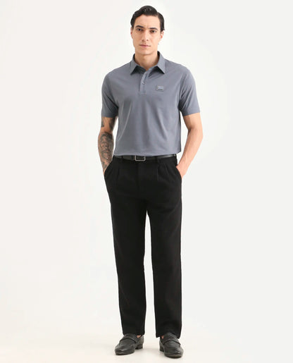 Rare Rabbit Men's Badger-S26 Dusky Blue Cotton Blend Fabric Half Sleeve Spread Collar Regular Fit Plain Polo | Rare Rabbit at Broadway