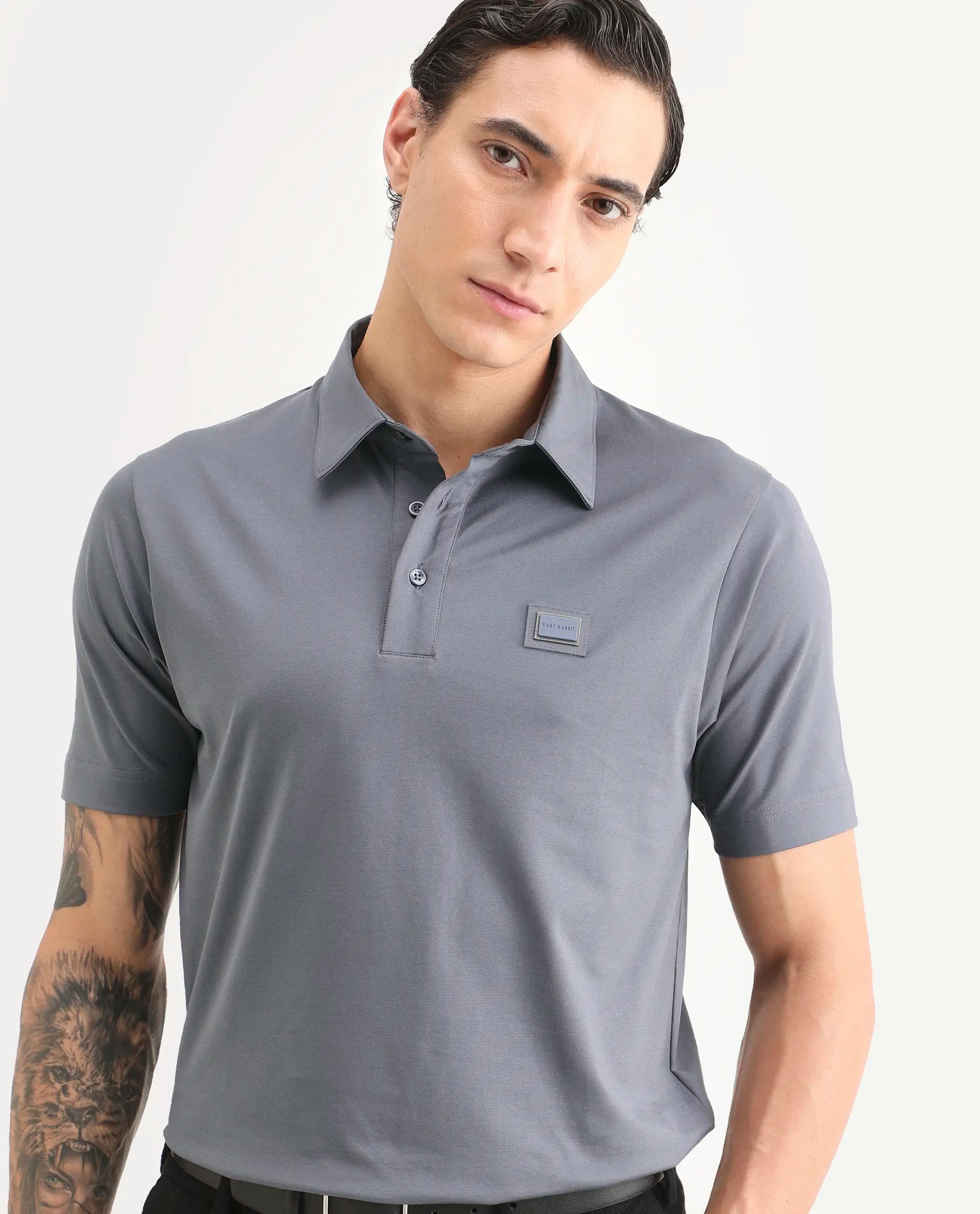 Rare Rabbit Men's Badger-S26 Dusky Blue Cotton Blend Fabric Half Sleeve Spread Collar Regular Fit Plain Polo | Rare Rabbit at Broadway