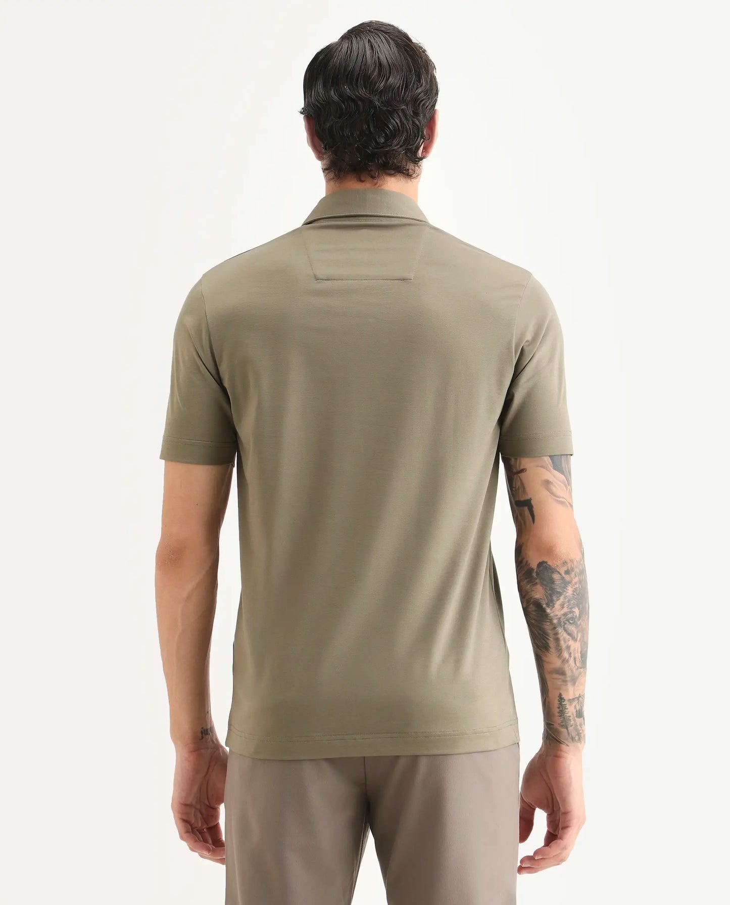 Rare Rabbit Men's Badger-S26 Dusky Olive Cotton Blend Fabric Half Sleeve Spread Collar Regular Fit Plain Polo | Rare Rabbit at Broadway