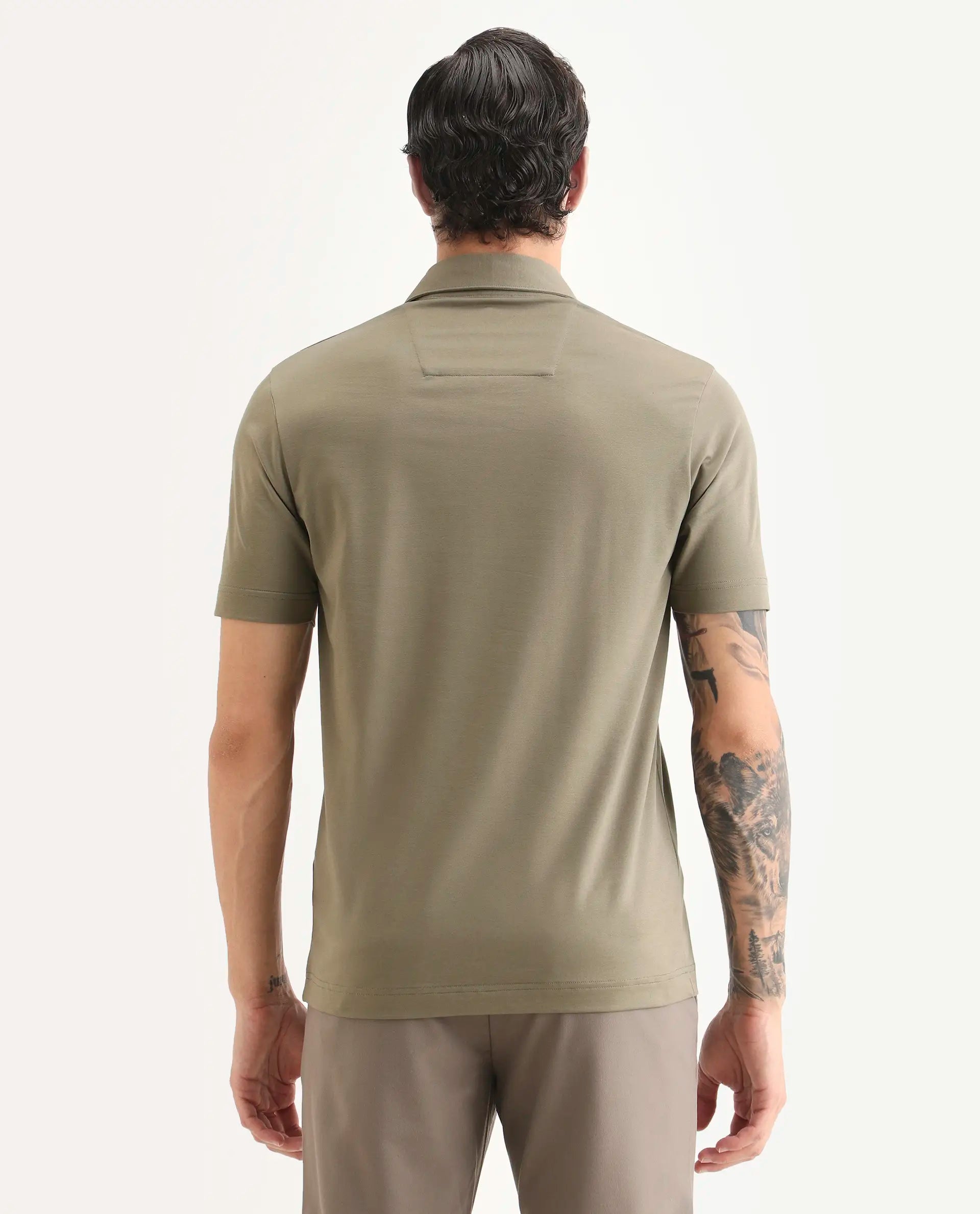 Rare Rabbit Men's Badger-S26 Dusky Olive Cotton Blend Fabric Half Sleeve Spread Collar Regular Fit Plain Polo | Rare Rabbit at Broadway