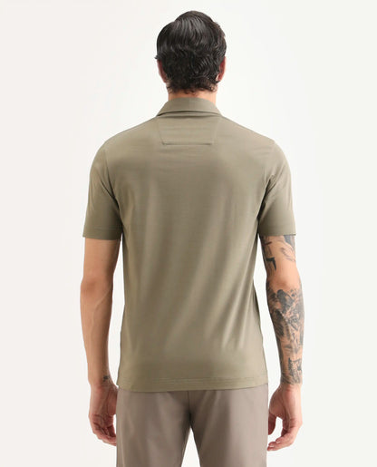 Rare Rabbit Men's Badger-S26 Dusky Olive Cotton Blend Fabric Half Sleeve Spread Collar Regular Fit Plain Polo | Rare Rabbit at Broadway