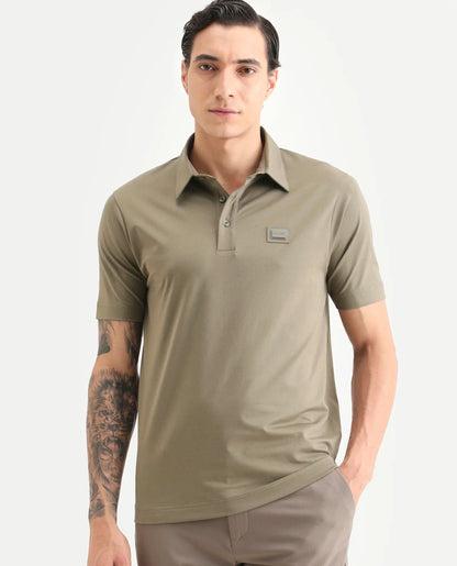 Rare Rabbit Men's Badger-S26 Dusky Olive Cotton Blend Fabric Half Sleeve Spread Collar Regular Fit Plain Polo | Rare Rabbit at Broadway