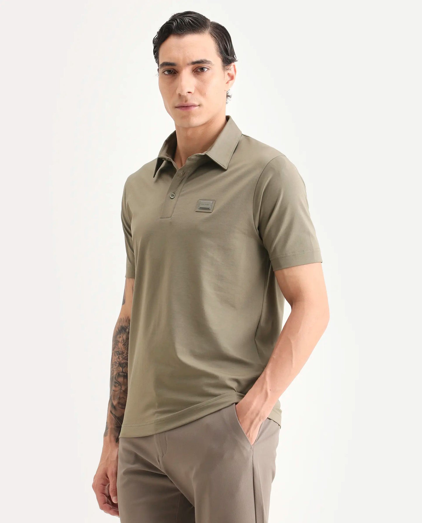 Rare Rabbit Men's Badger-S26 Dusky Olive Cotton Blend Fabric Half Sleeve Spread Collar Regular Fit Plain Polo | Rare Rabbit at Broadway