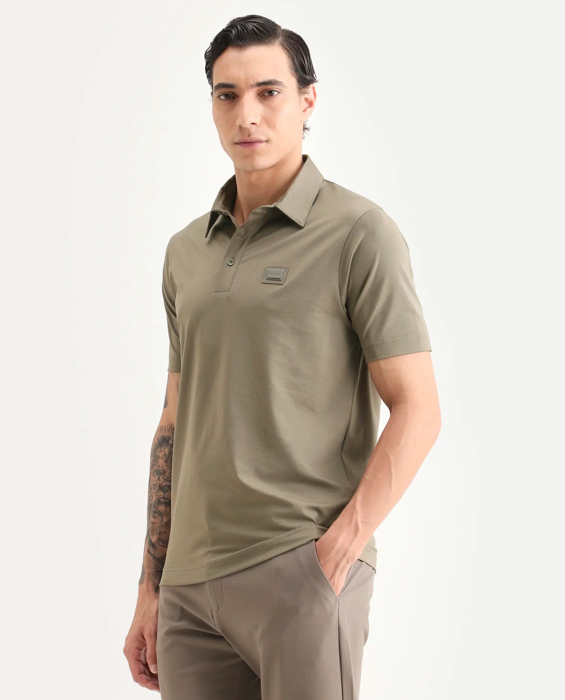 Rare Rabbit Men's Badger-S26 Dusky Olive Cotton Blend Fabric Half Sleeve Spread Collar Regular Fit Plain Polo | Rare Rabbit at Broadway