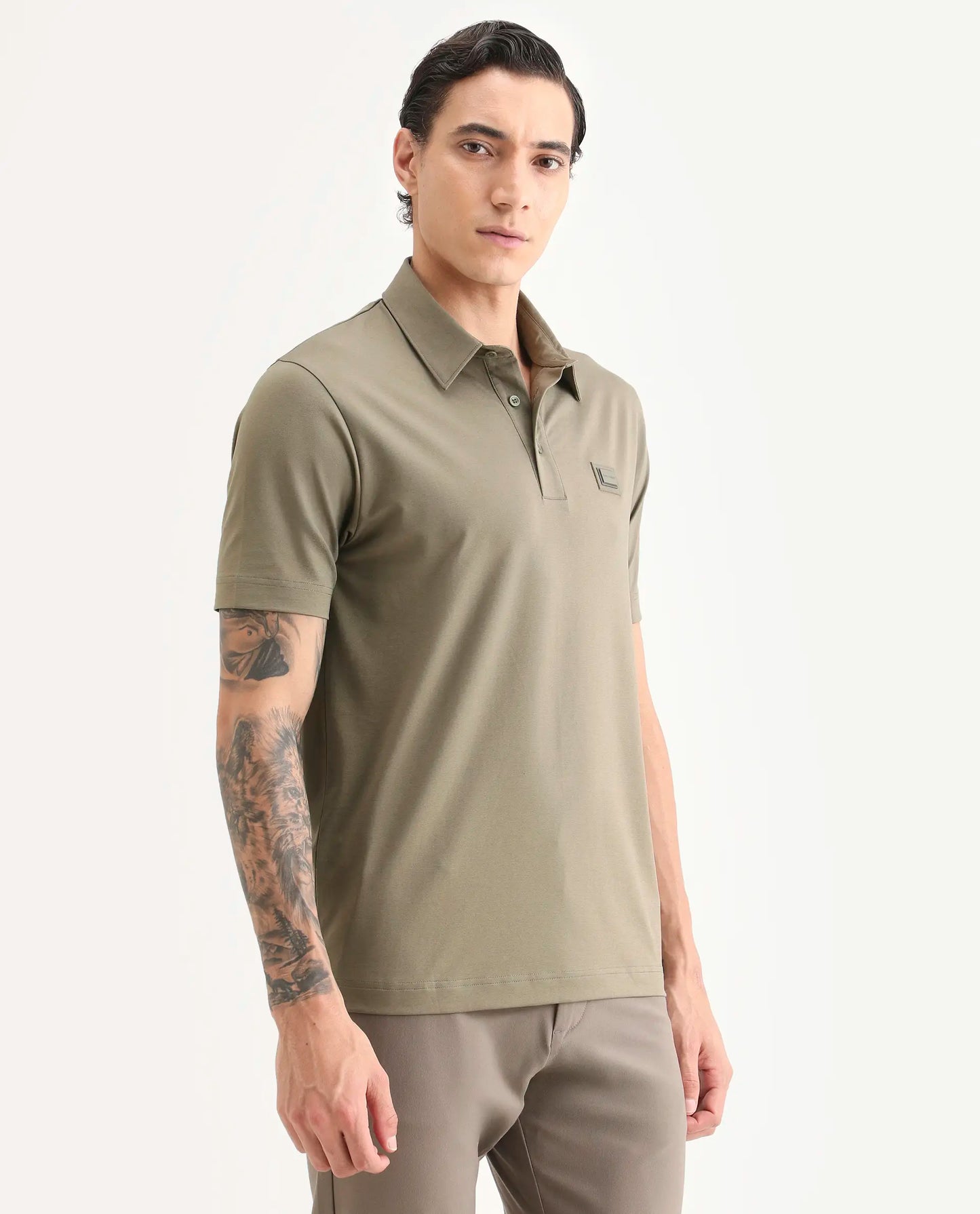 Rare Rabbit Men's Badger-S26 Dusky Olive Cotton Blend Fabric Half Sleeve Spread Collar Regular Fit Plain Polo | Rare Rabbit at Broadway