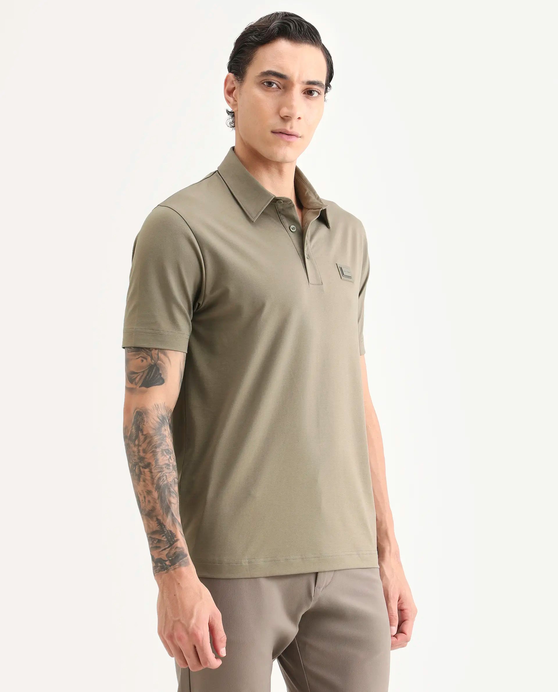 Rare Rabbit Men's Badger-S26 Dusky Olive Cotton Blend Fabric Half Sleeve Spread Collar Regular Fit Plain Polo | Rare Rabbit at Broadway