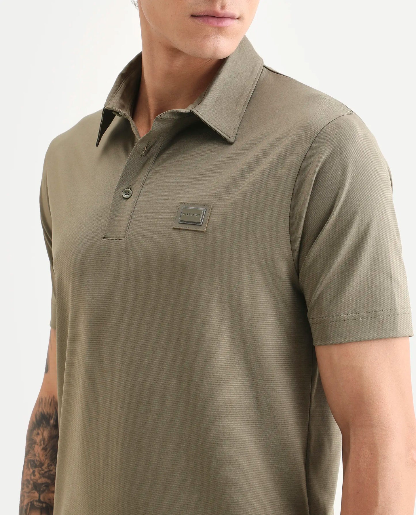 Rare Rabbit Men's Badger-S26 Dusky Olive Cotton Blend Fabric Half Sleeve Spread Collar Regular Fit Plain Polo | Rare Rabbit at Broadway