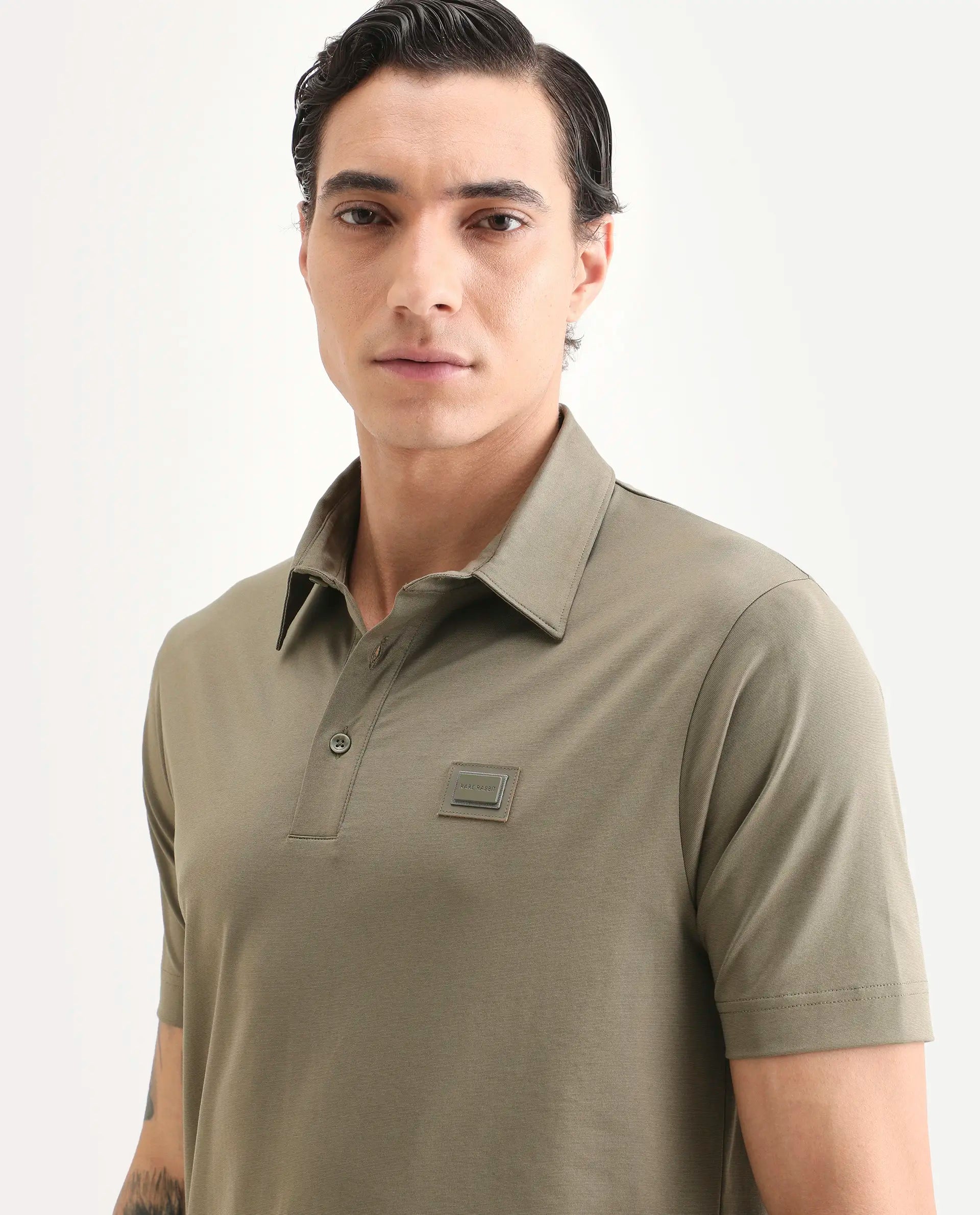 Rare Rabbit Men's Badger-S26 Dusky Olive Cotton Blend Fabric Half Sleeve Spread Collar Regular Fit Plain Polo | Rare Rabbit at Broadway