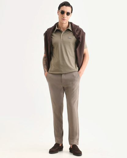 Rare Rabbit Men's Badger-S26 Dusky Olive Cotton Blend Fabric Half Sleeve Spread Collar Regular Fit Plain Polo | Rare Rabbit at Broadway