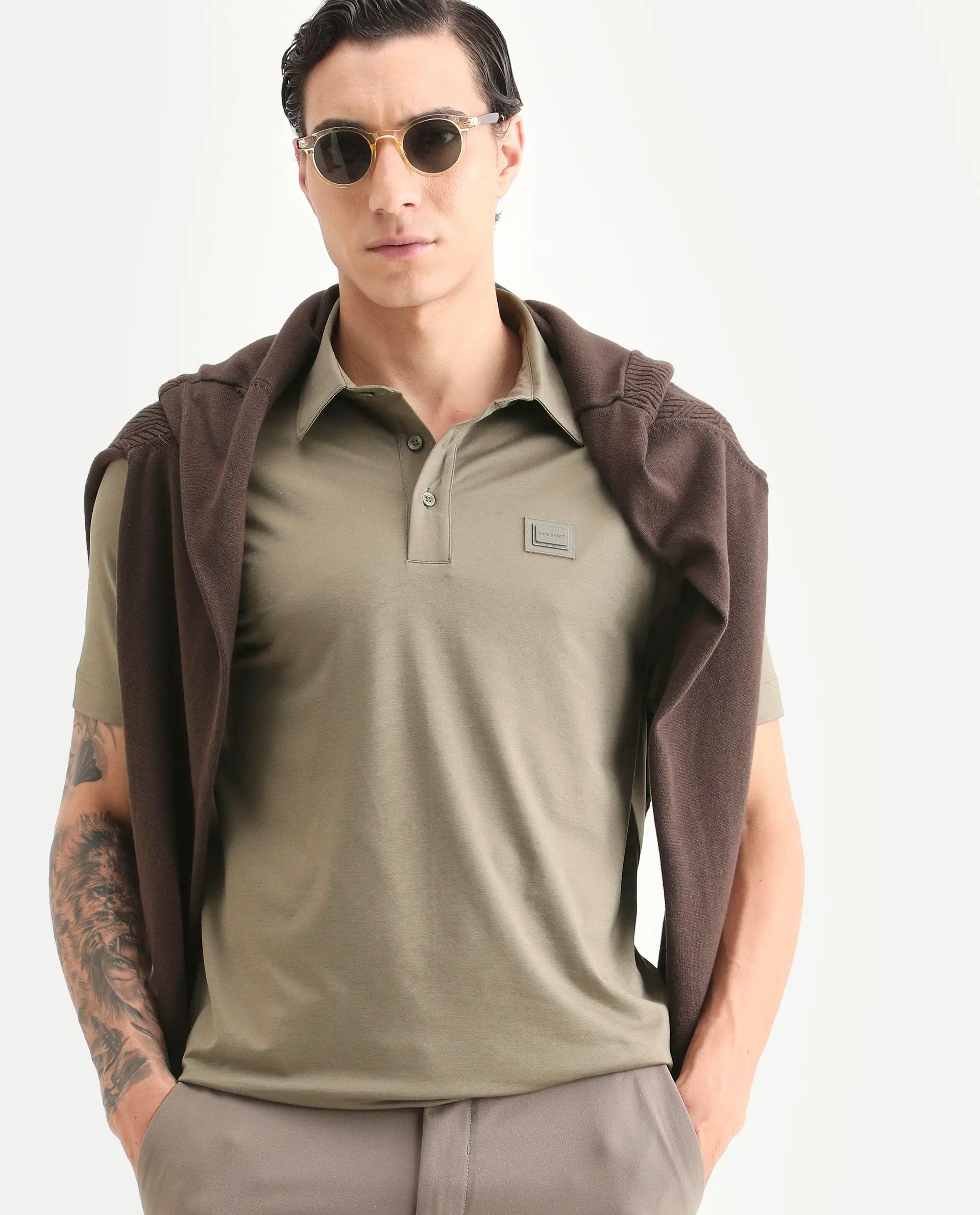 Rare Rabbit Men's Badger-S26 Dusky Olive Cotton Blend Fabric Half Sleeve Spread Collar Regular Fit Plain Polo | Rare Rabbit at Broadway