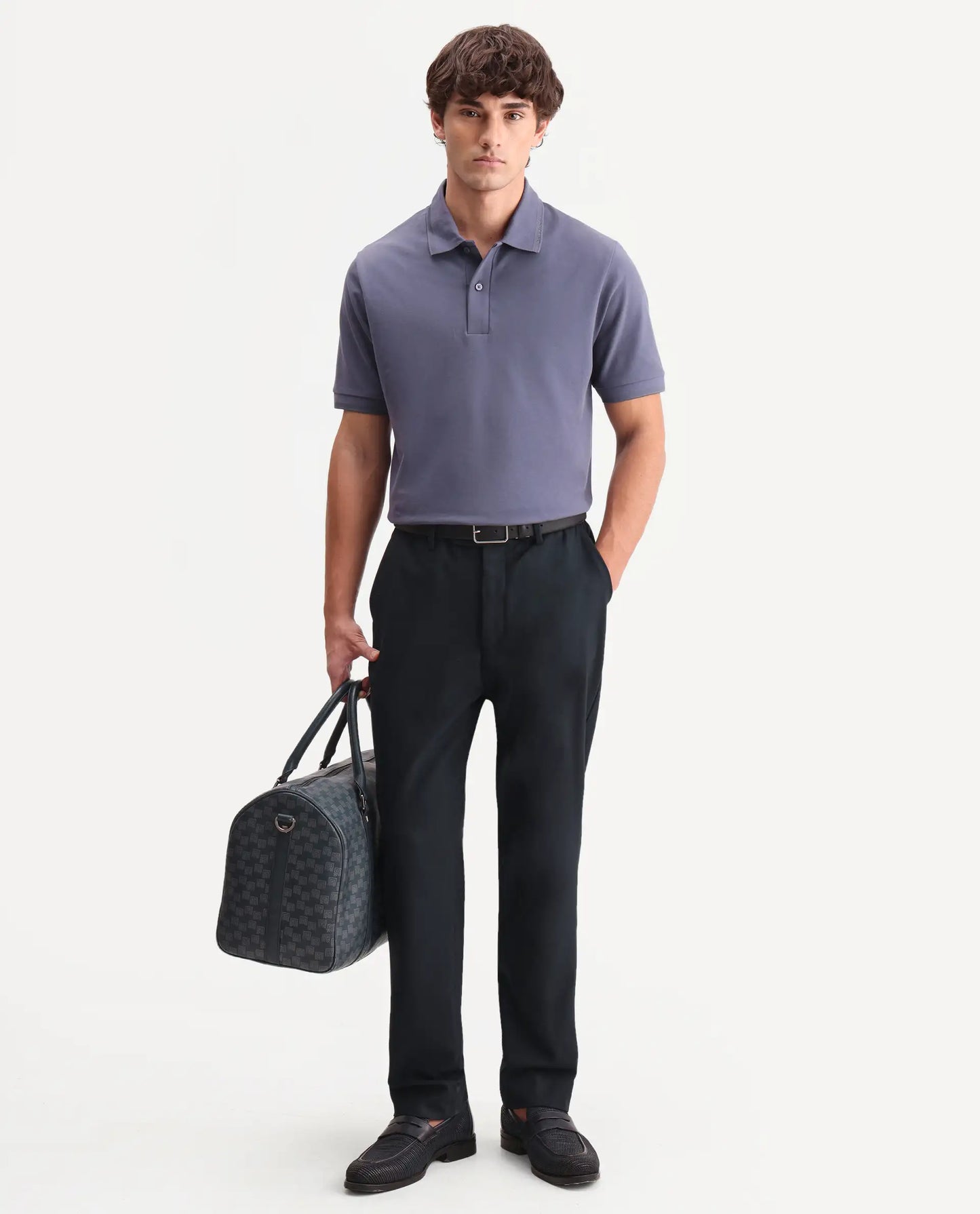 Rare Rabbit Men's Clak Dark Purple Cotton Blend Fabric Half Sleeve Spread Collar Regular Fit Plain Polo | Rare Rabbit at Broadway