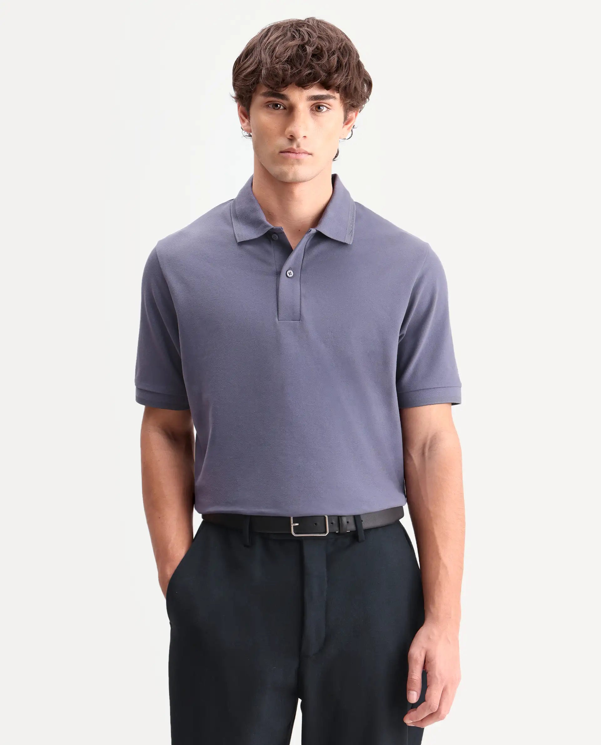 Rare Rabbit Men's Clak Dark Purple Cotton Blend Fabric Half Sleeve Spread Collar Regular Fit Plain Polo | Rare Rabbit at Broadway